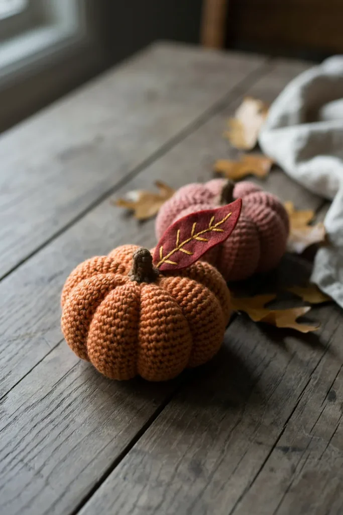 Crochet Pumpkin with Fabric Leaf Accent