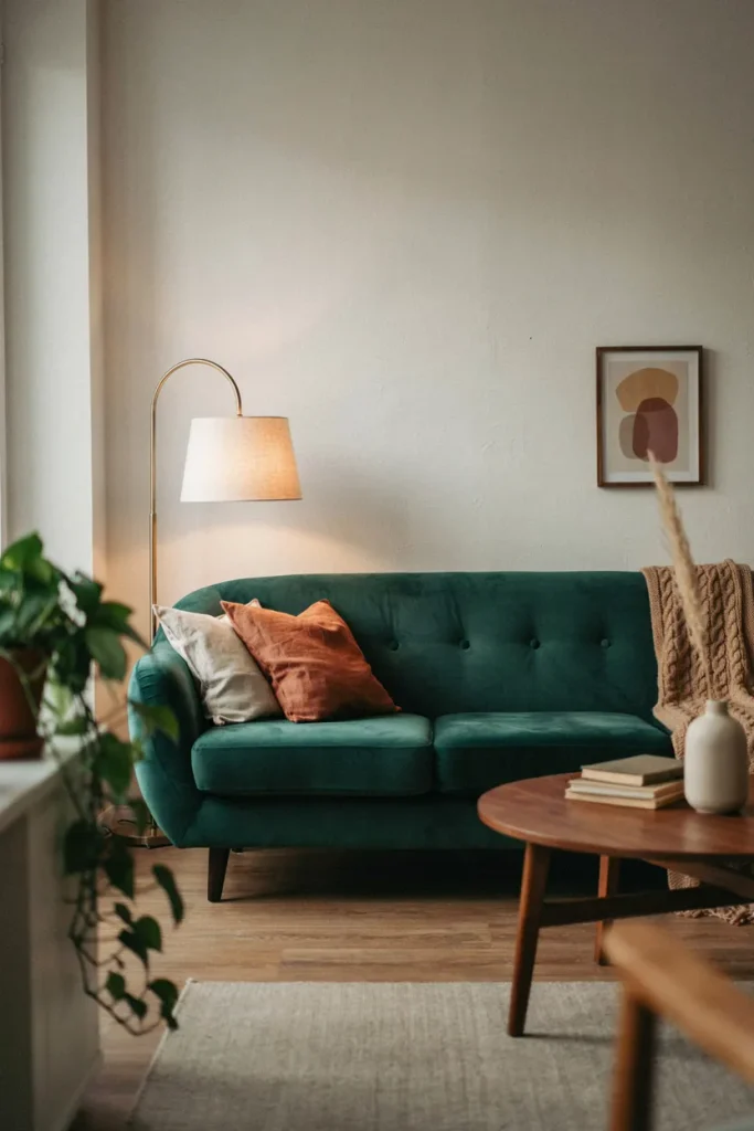 Curved Velvet Sofa Centerpiece