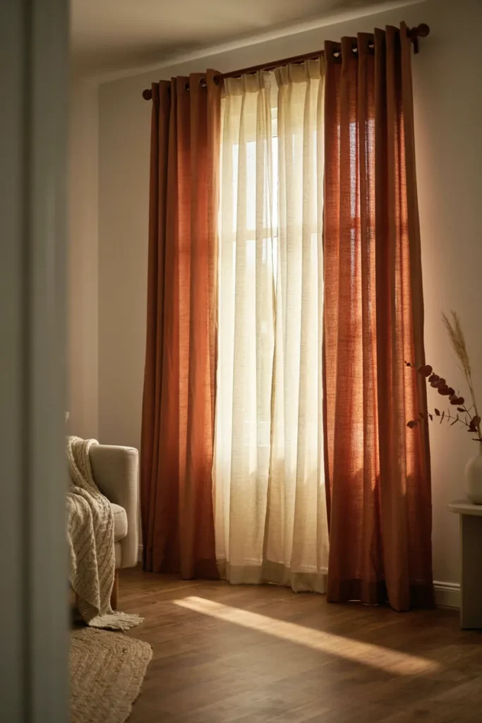 Layered Curtain Panels in Warm Tones