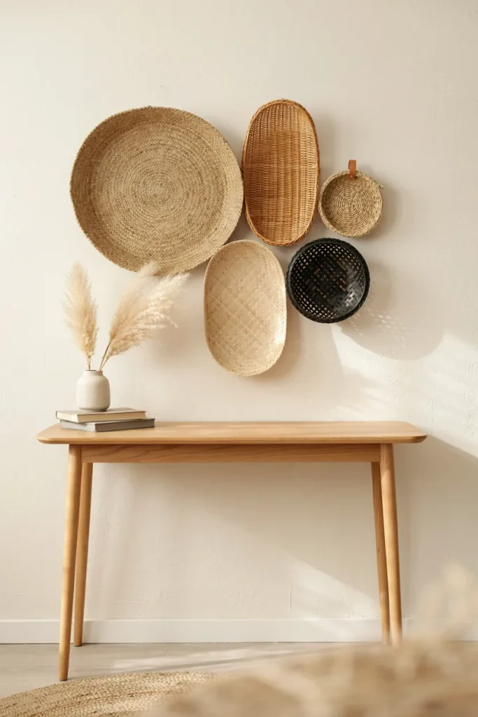 Layered Natural Fiber Baskets Wall Grouping