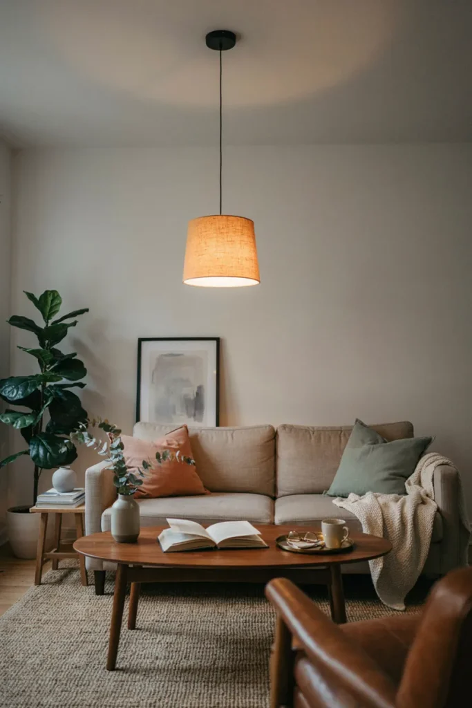 Warm Pendant Lighting Fixture  Cozy Hygge Living Room